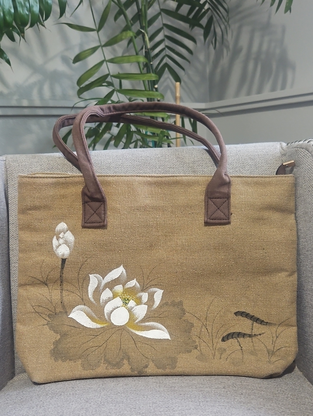 Hand-Painted Beige Canvas Tote Bag with White Floral Design